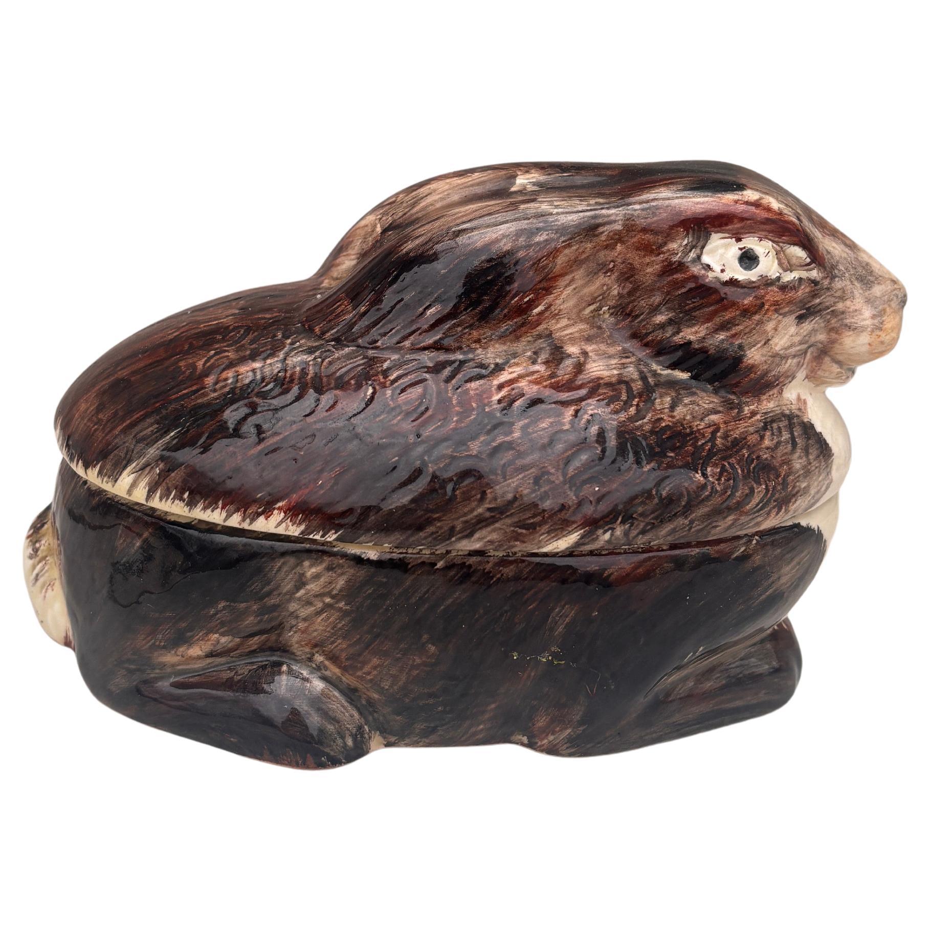 French Pottery Majolica Rabbit Pâté Tureen Caugant, circa 1950