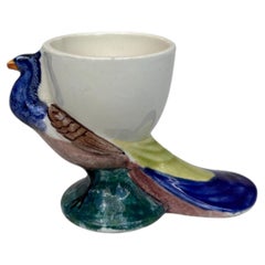 French Majolica Peacock Egg Cup Sarreguemines Circa 1920