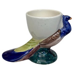 French Majolica Peacock Egg Cup Sarreguemines Circa 1920