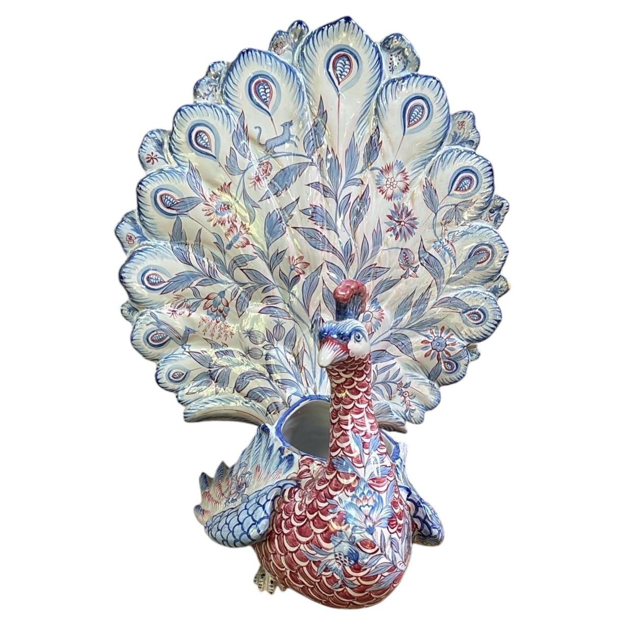 French Faience Peacock Wall Pocket Saint Clement