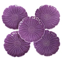 Mid-Century Set of 5 Purple Majolica Flowers Plates Aegitna Vallauris