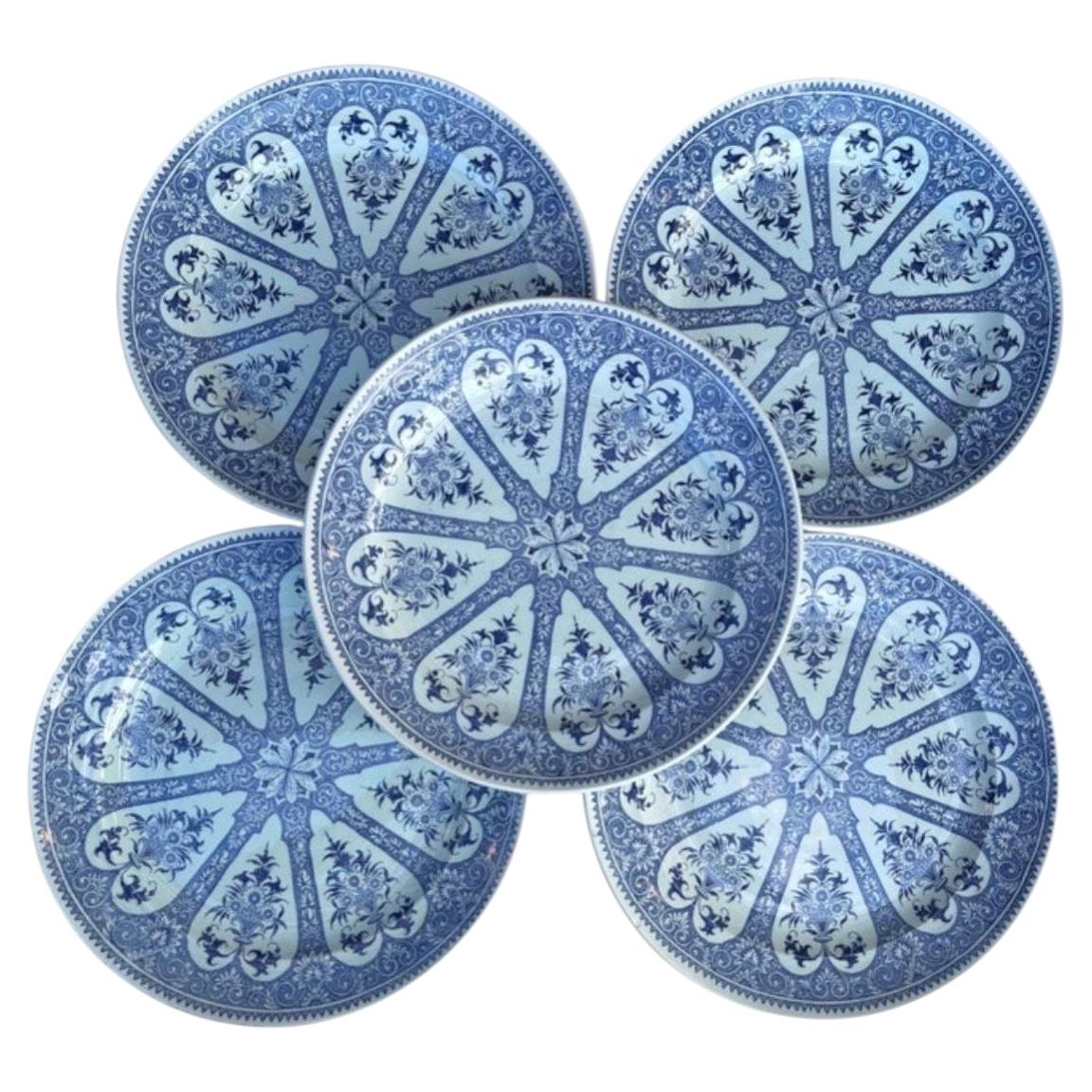19th Century Set of 6 French Blue & White Faience Dinner Plates Sarreguemines