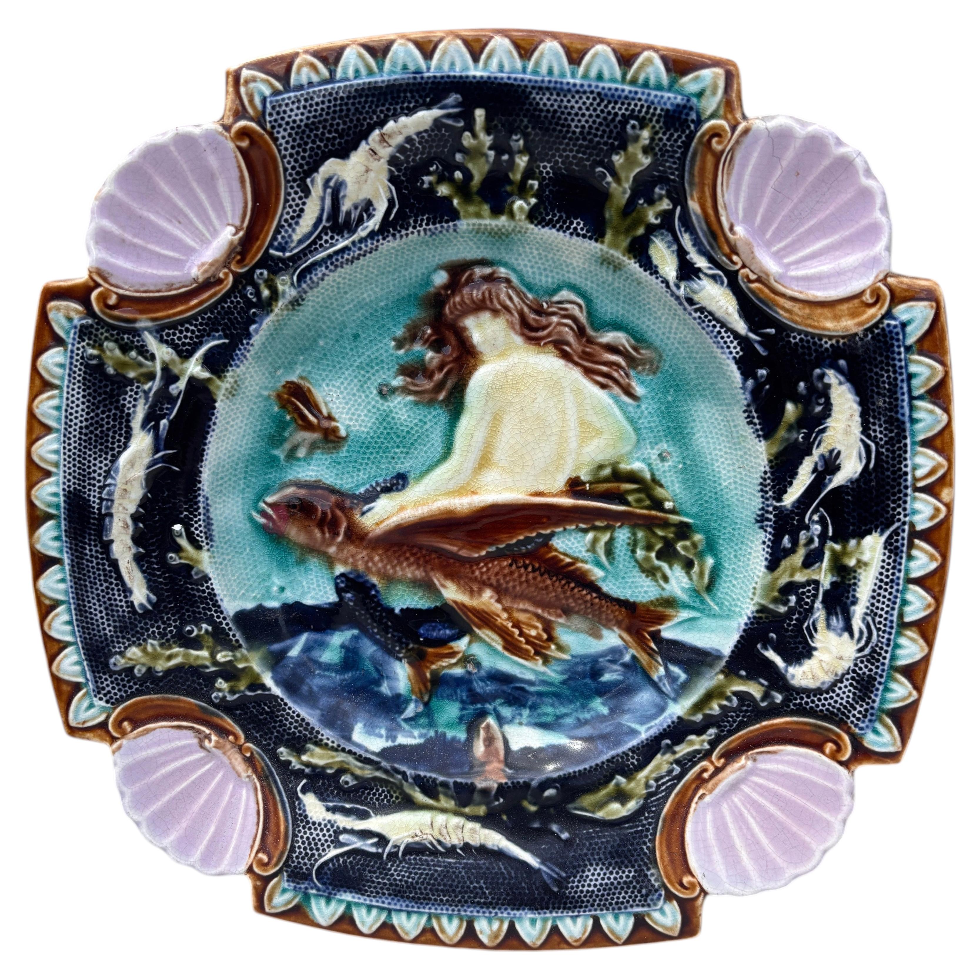19th Century Square Majolica Mermaid Wall Plate