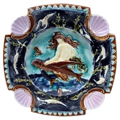 19th Century Square Majolica Mermaid Wall Plate