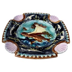 19th Century Square Majolica Mermaid Wall Plate