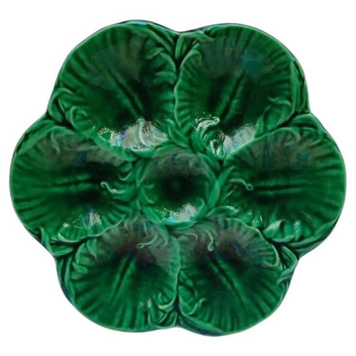 French Majolica Green Oyster Plate Luneville