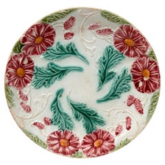 French Majolica Red Flowers Plate Salins, Circa 1890