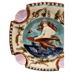 Assiette murale en majolique à sirène carrée du 19e siècle