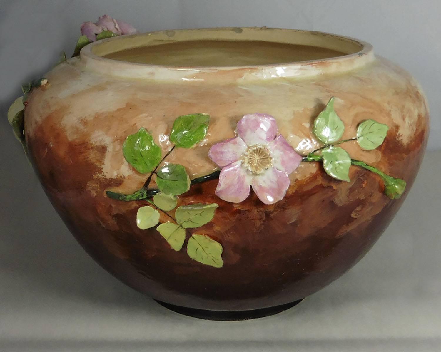 Late Victorian Large French Impressionist Majolica Barbotine Pastel Roses Jardiniere