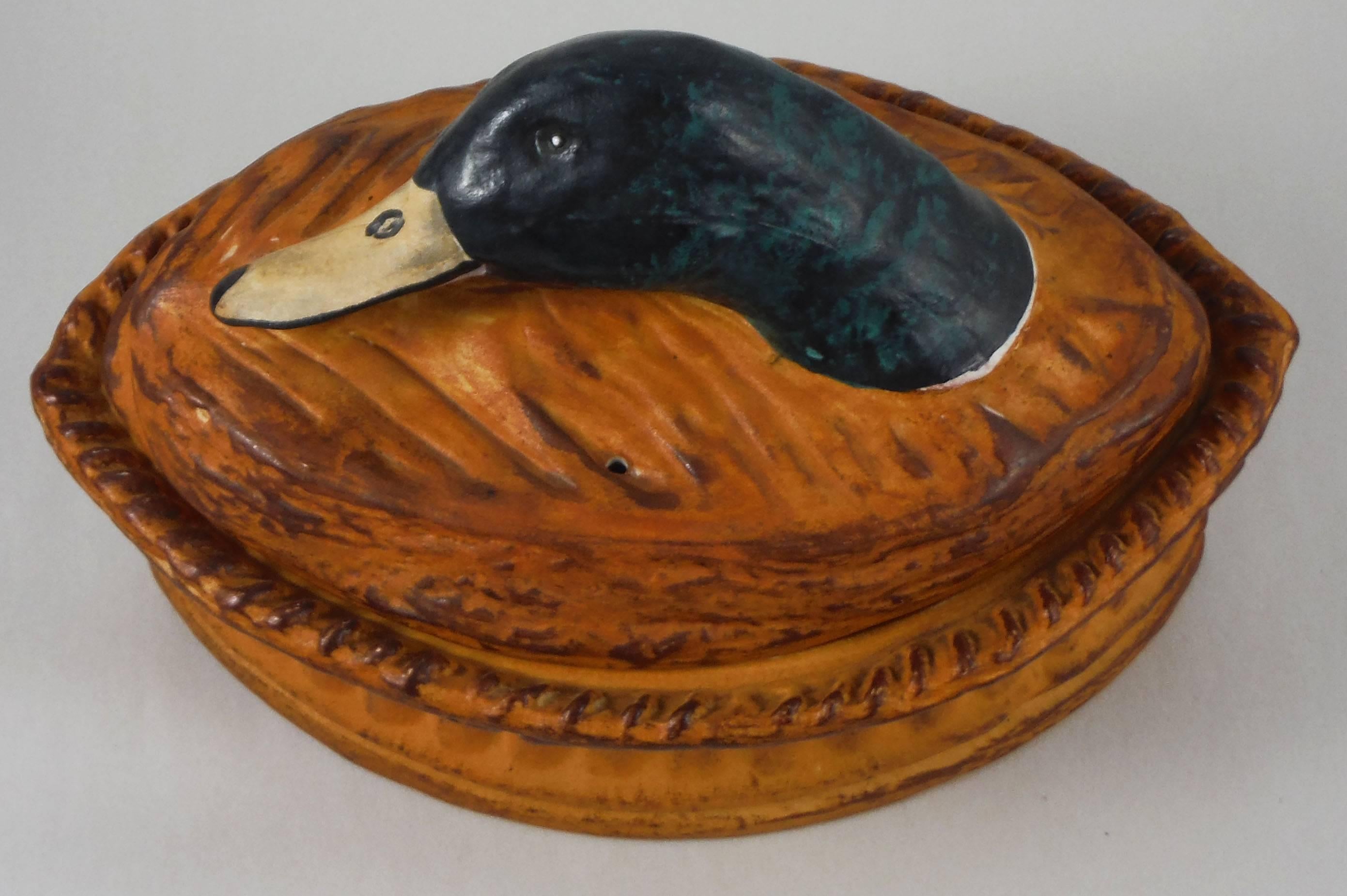 French trompe l oeil porcelain Mallard duck pâté tureen signed 