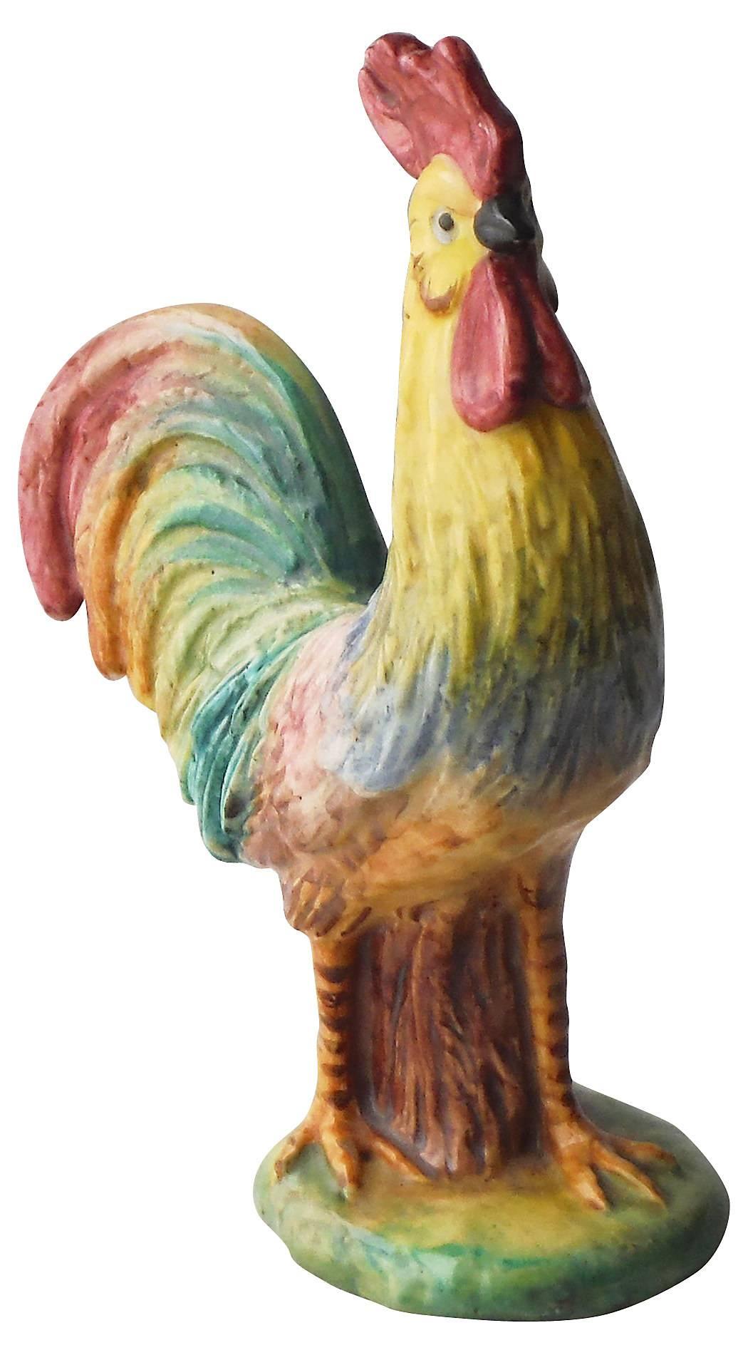 Very colorful French terracotta rooster from Normandy (Bavent unsigned), circa 1900.