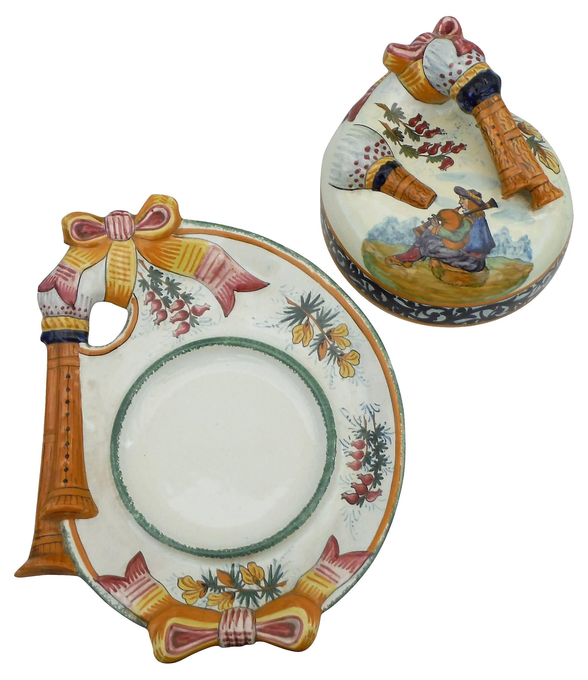 Country French Butter Dish with Man Playing Bagpipe Quimper