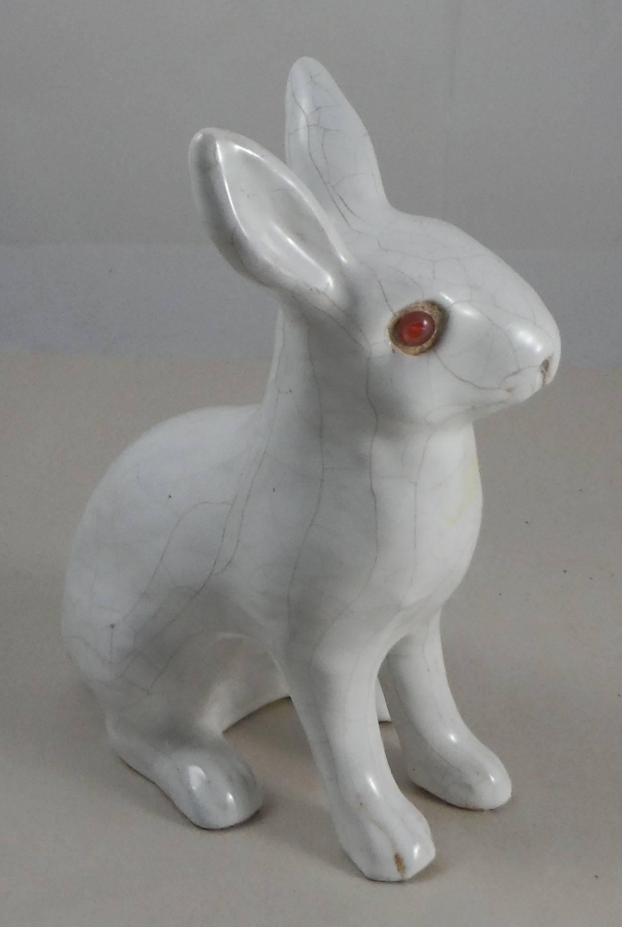 French terracotta white rabbit unsigned Bavent (Normandy) with glass eyes.