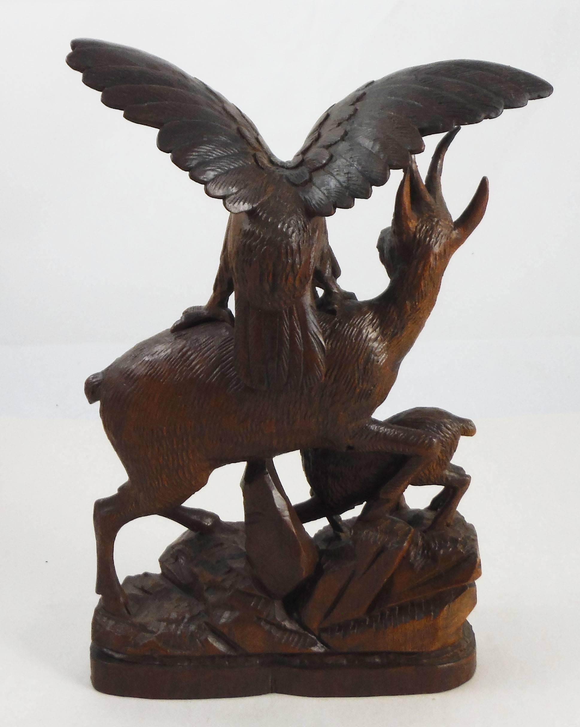 French 19th Carved Wood Black Forest Chamois & Eagle For Sale