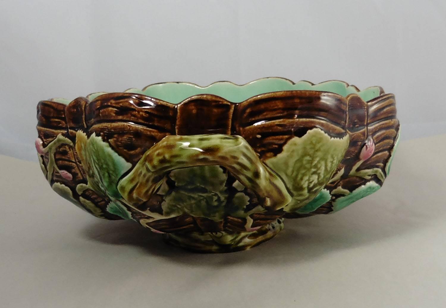 19th large French Majolica pumpkin leaves and flowers handled centerpiece jardiniere signed Choisy le Roi.