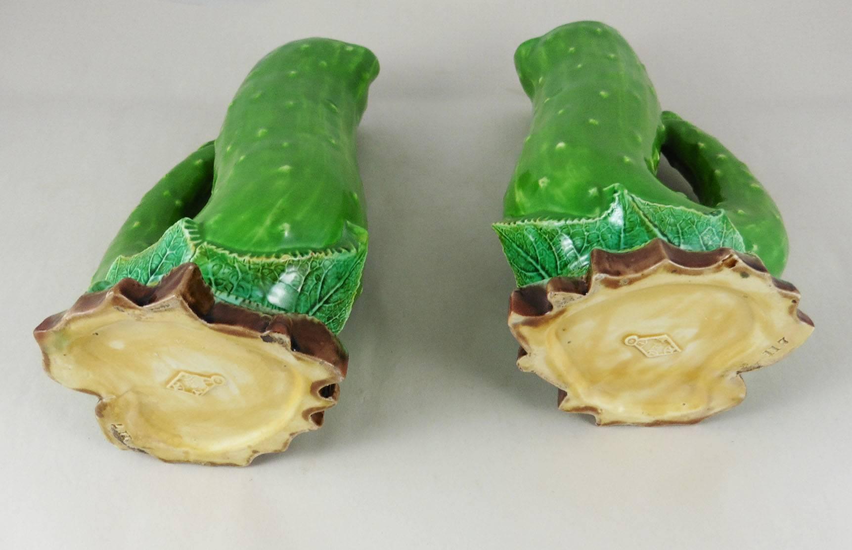 Amusing pair of Victorian Majolica pickles pitchers signed dated with the English mark June 7th 1871.
