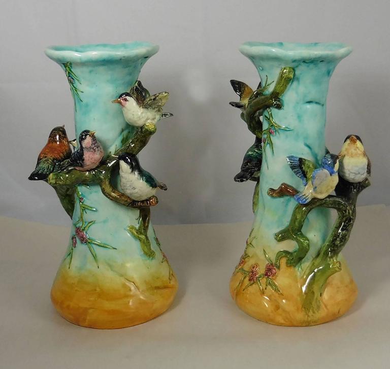 Pair of 19th Century Majolica Birds Vases Massier at 1stDibs