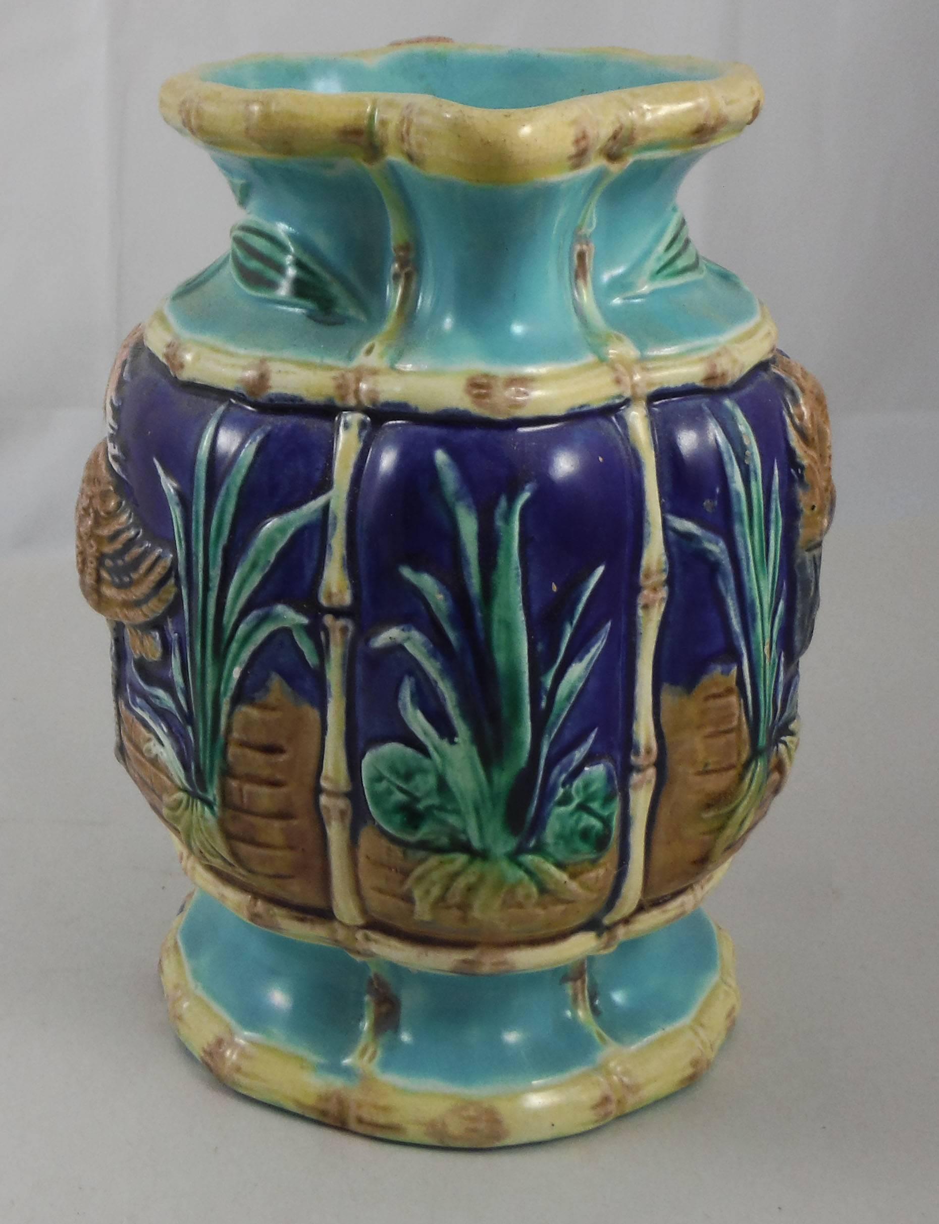 Aesthetic Movement 19th Century English Majolica Herons and Bamboo Pitcher Joseph Holdcroft