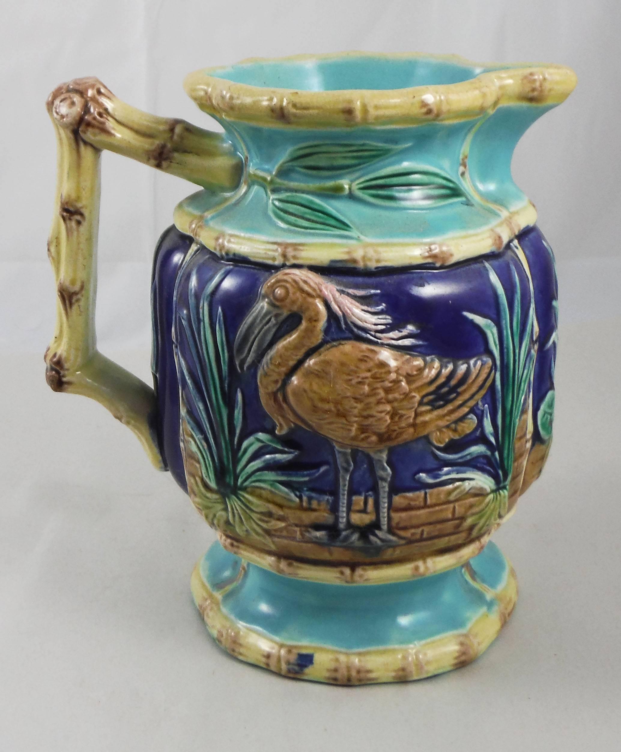 19th Century English Majolica Herons and Bamboo Pitcher Joseph Holdcroft In Good Condition In Austin, TX