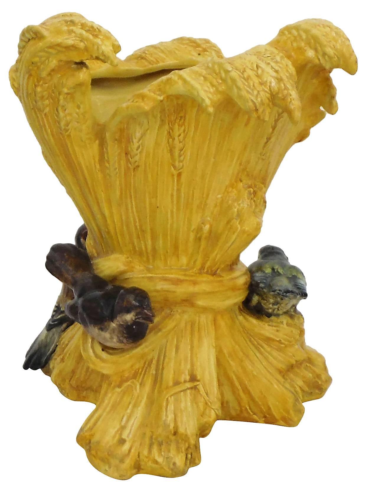 Country 19th Century Majolica Wheat Vase With Birds Delphin Massier