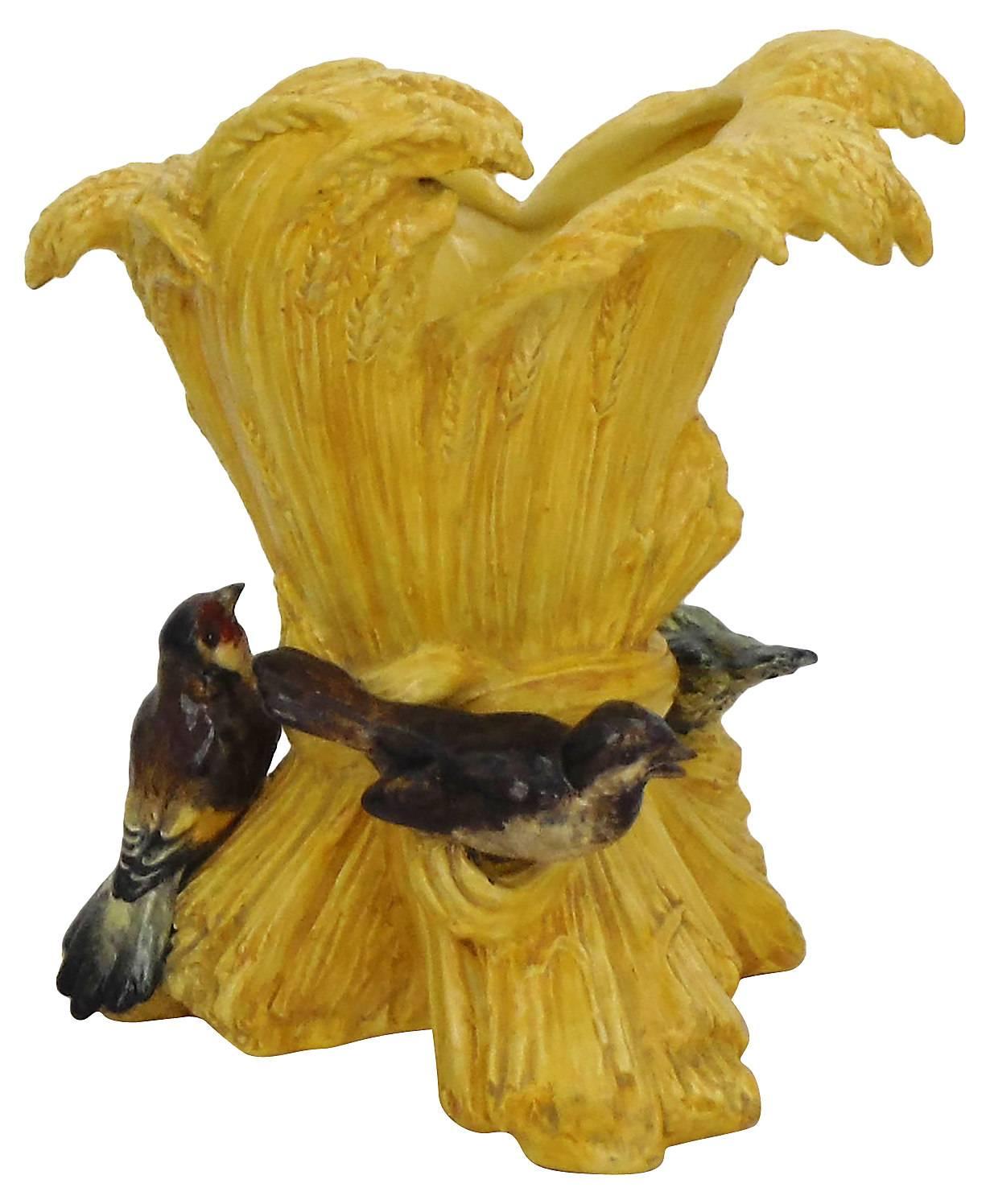 French 19th Century Majolica Wheat Vase With Birds Delphin Massier
