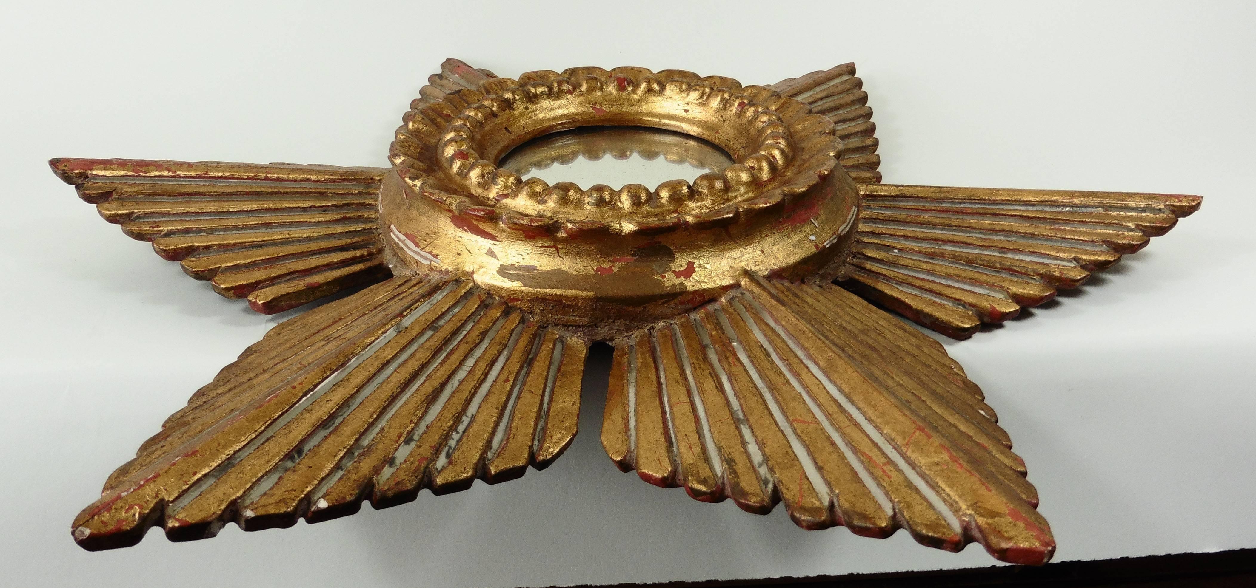 French Sunburst Star Gilded and Silver Wood Mirror