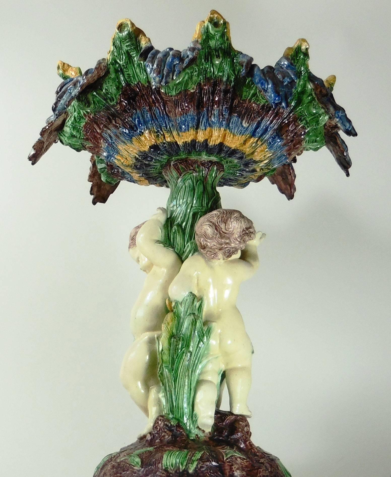 19th Century Majolica Palissy Puttis and Shell Centrepiece In Good Condition In Austin, TX