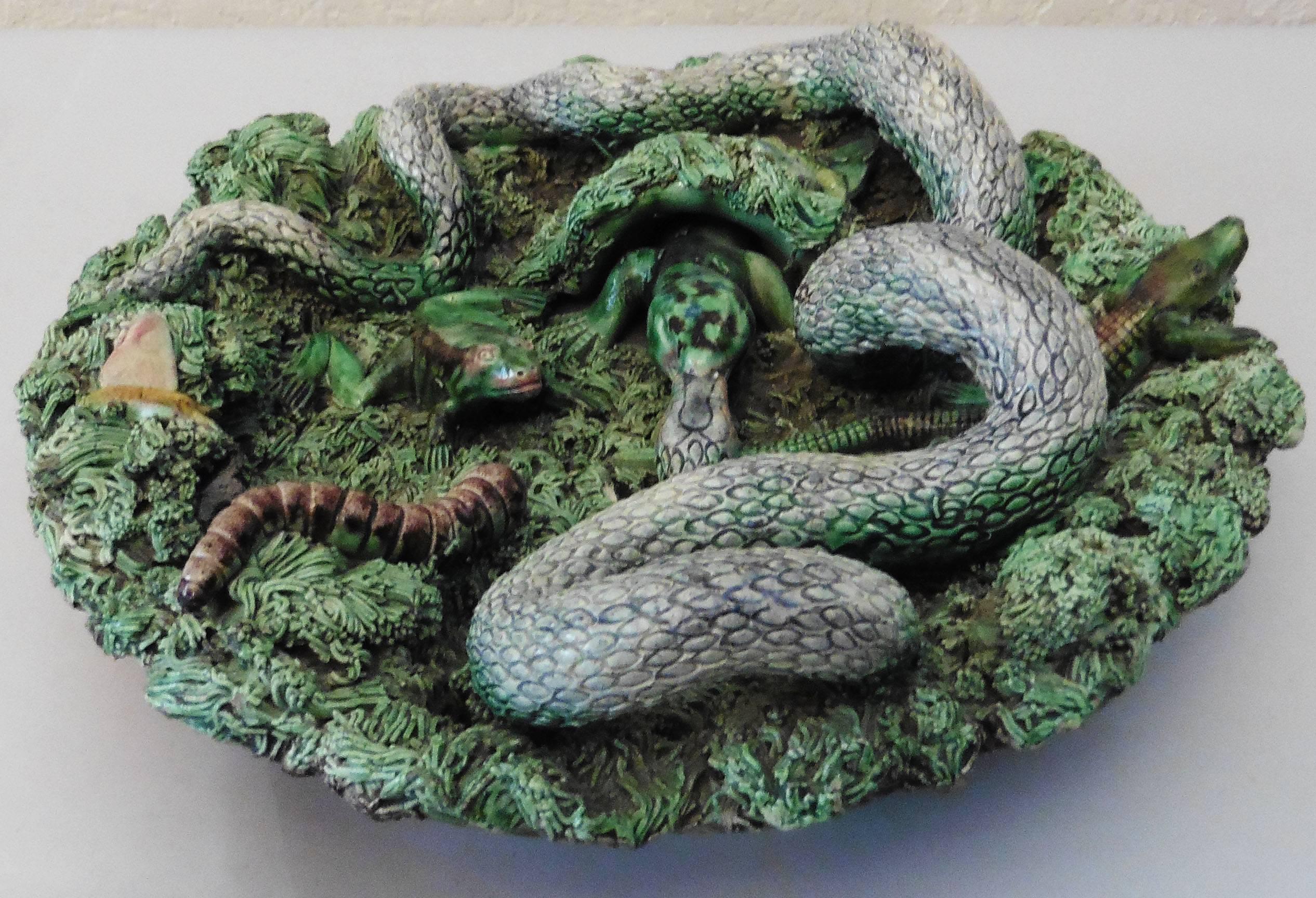 Rustic 19th Majolica Palissy Snake and Lizard Wall Platter Jose Alves Cunha