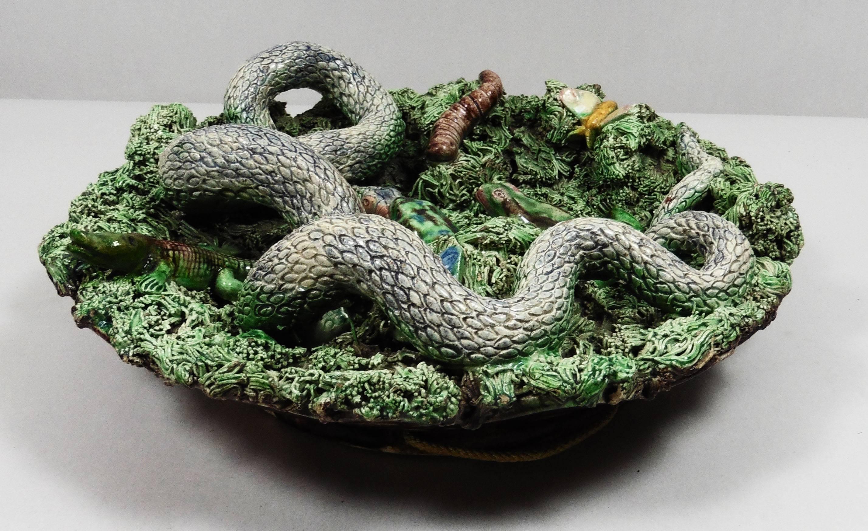 Portuguese 19th Majolica Palissy Snake and Lizard Wall Platter Jose Alves Cunha