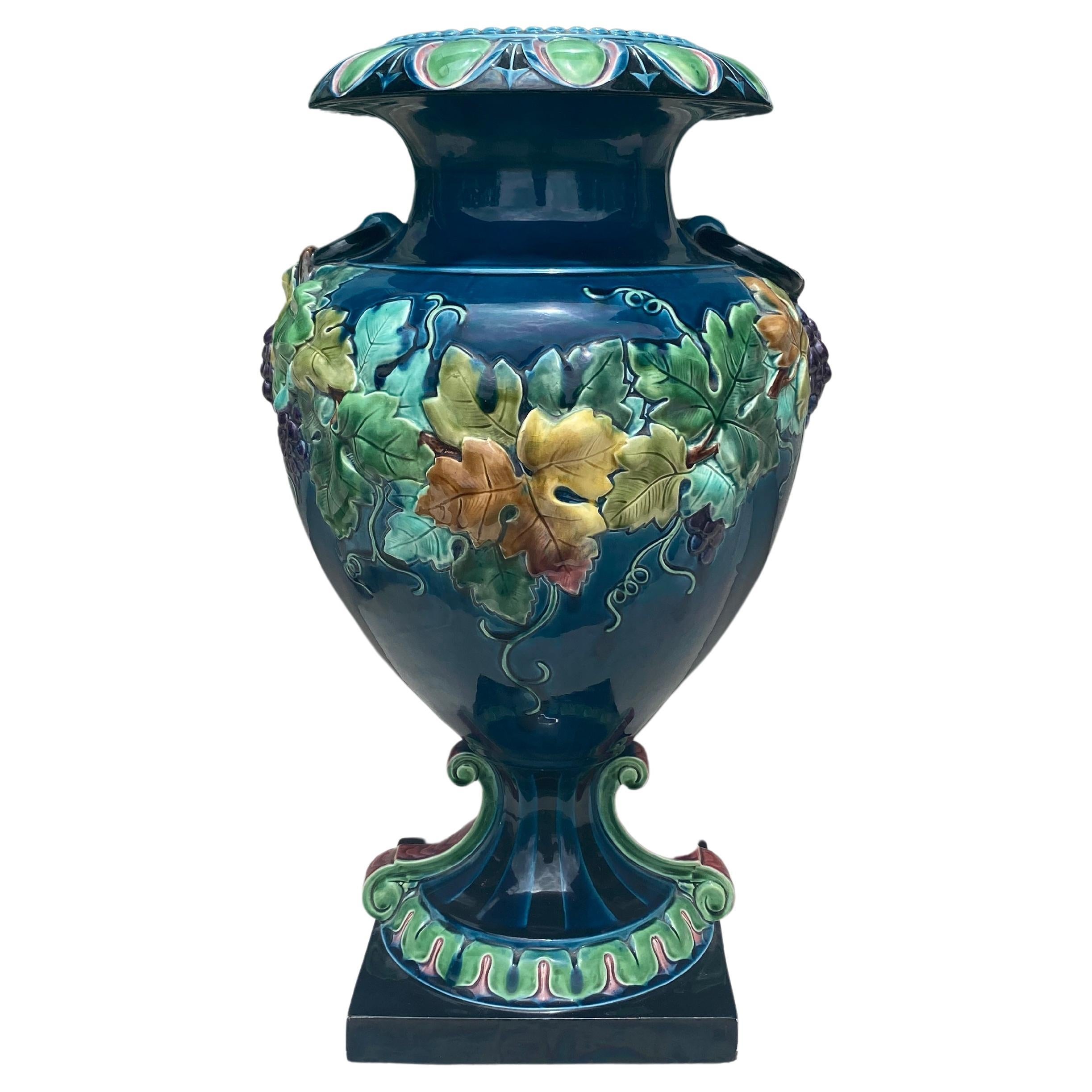19th Century French Monumental Renaissance Style Majolica Grapes Blue Vase For Sale