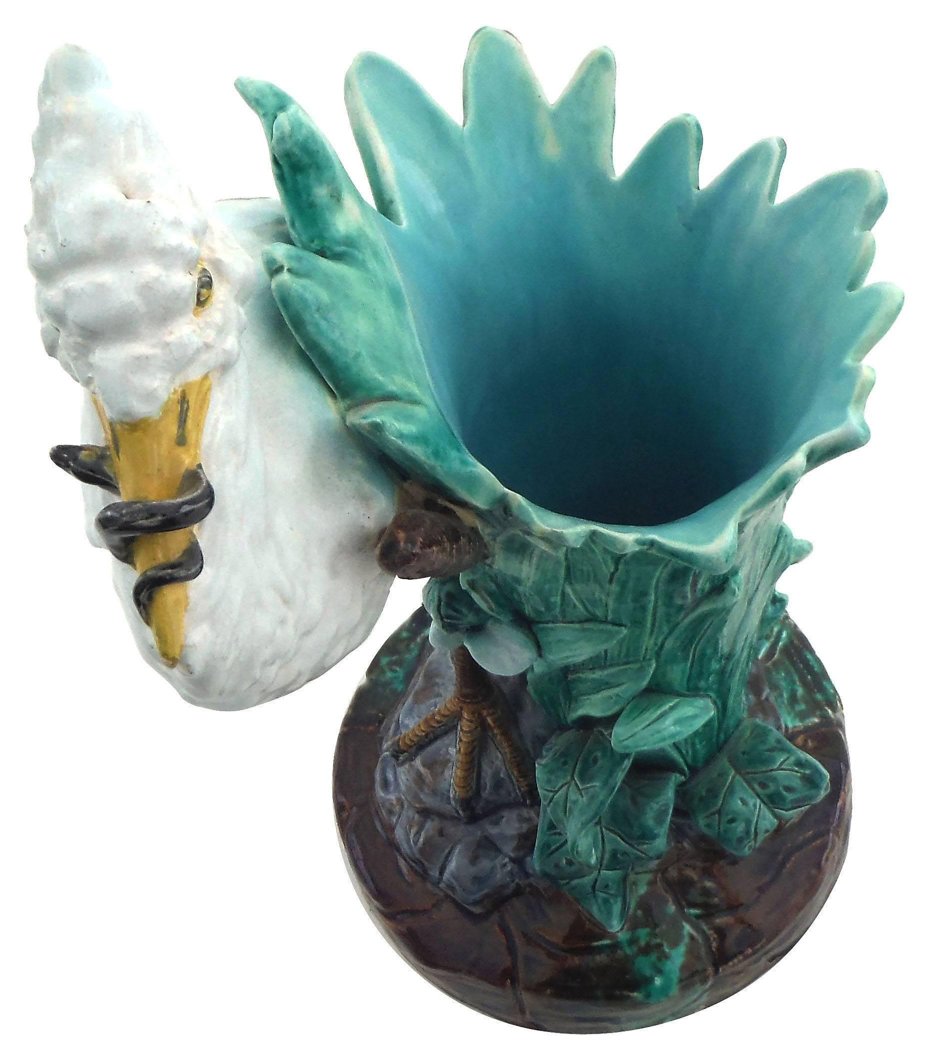 Victorian 19th Century English Majolica Stork Vase, Joseph Holdcroft For Sale