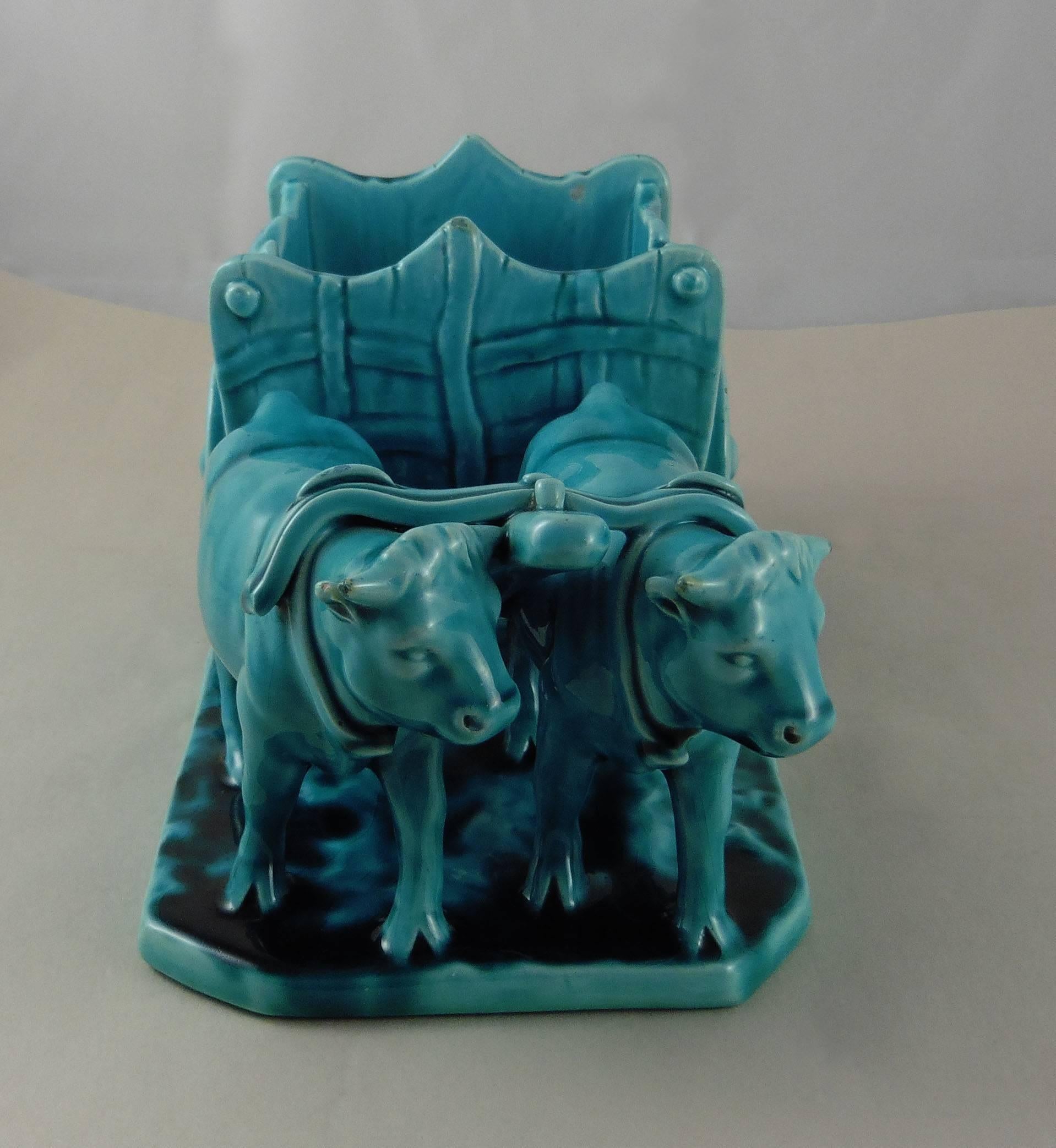 Country Majolica Turquoise Oxen Cart Clement Massier, circa 1900