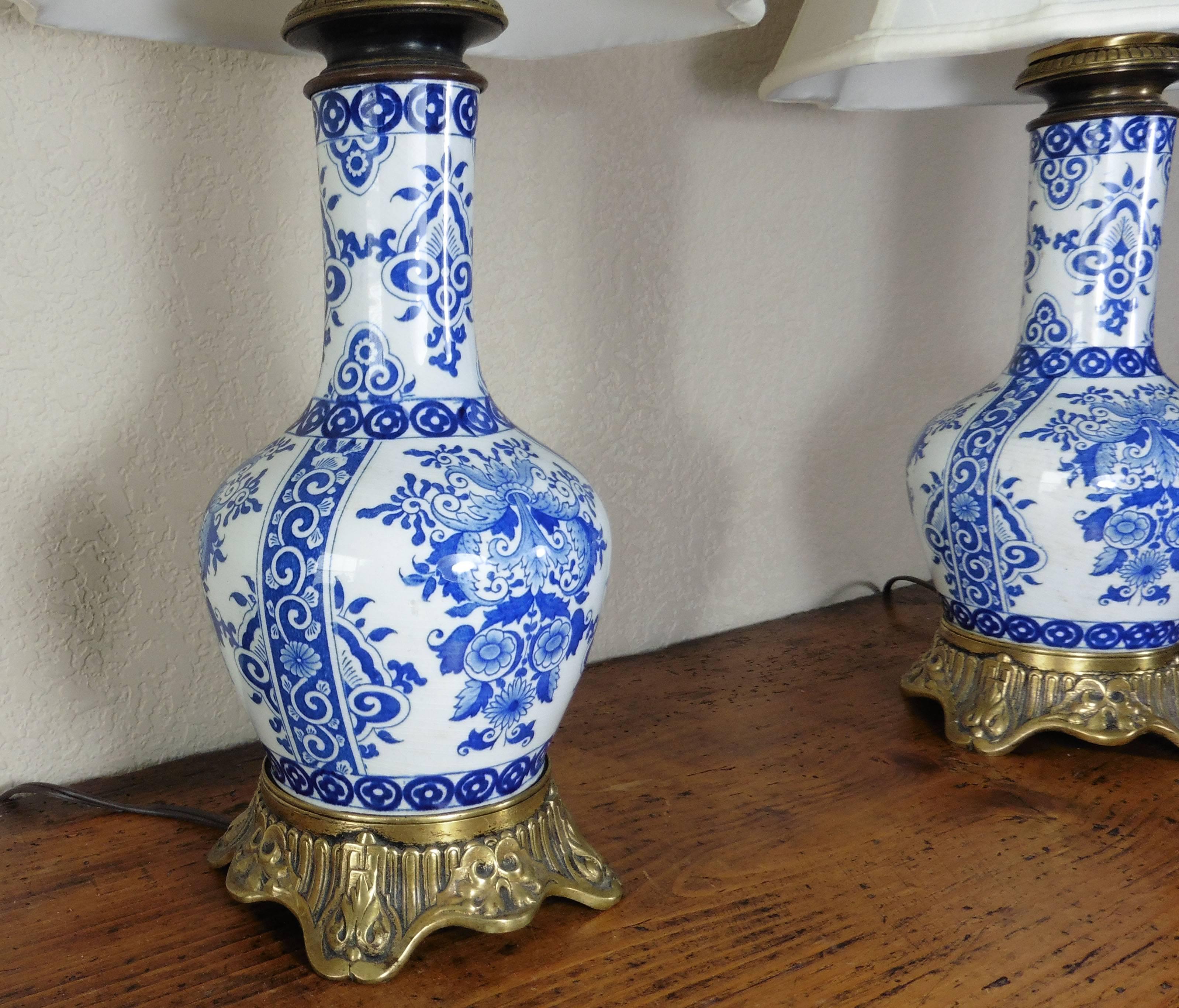Napoleon III Pair of 19th Century Blue and White Faience Bronze-Mounted Lamps Gien For Sale