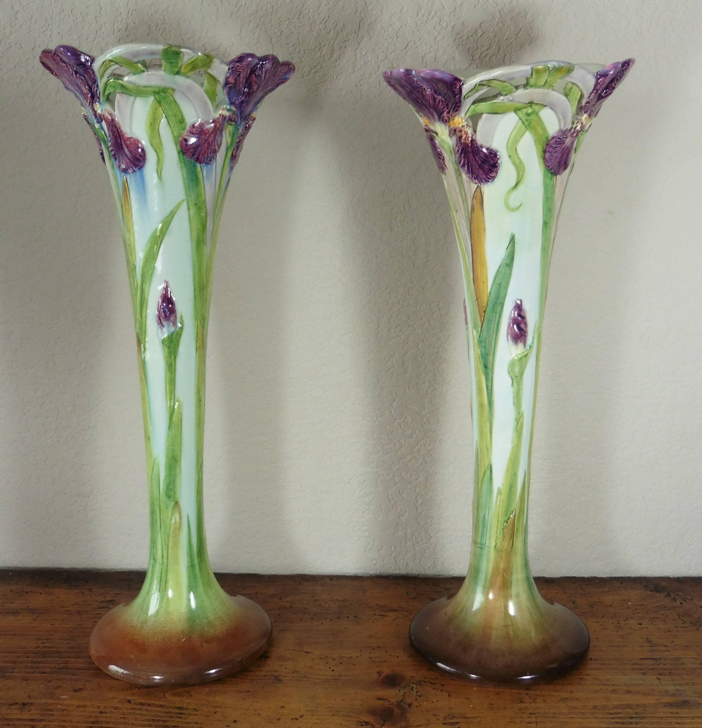 Monumental Art Nouveau Majolica pair reticulated iris vases signed Delphin Massier.
Reference: Page 62 