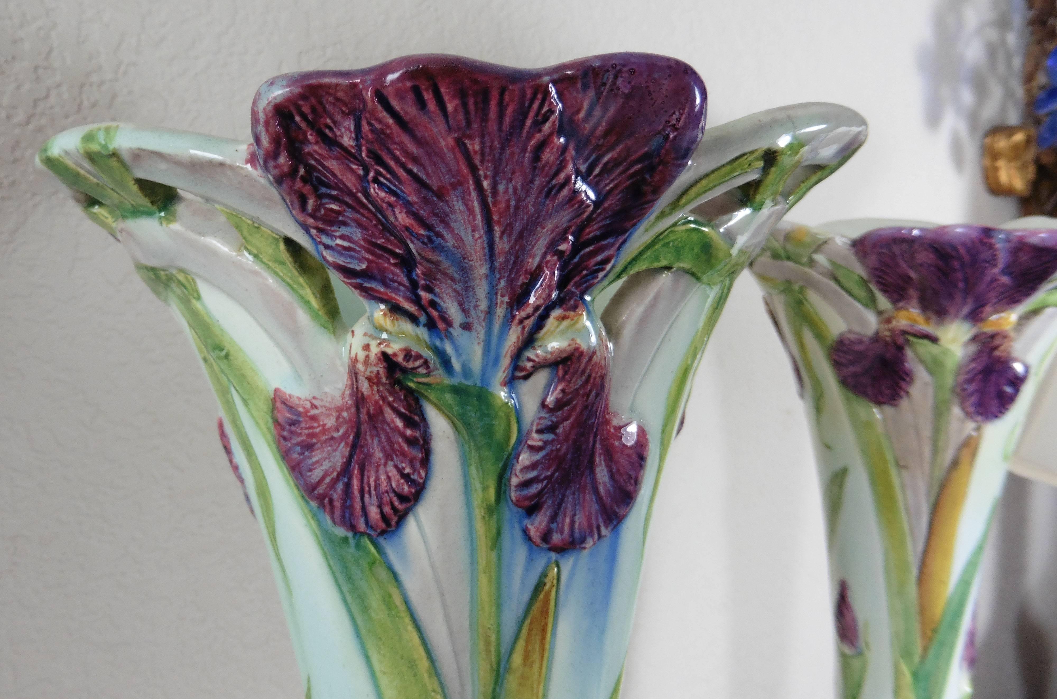 Art Nouveau Pair of 19th Majolica Iris Vases Delphin Massier