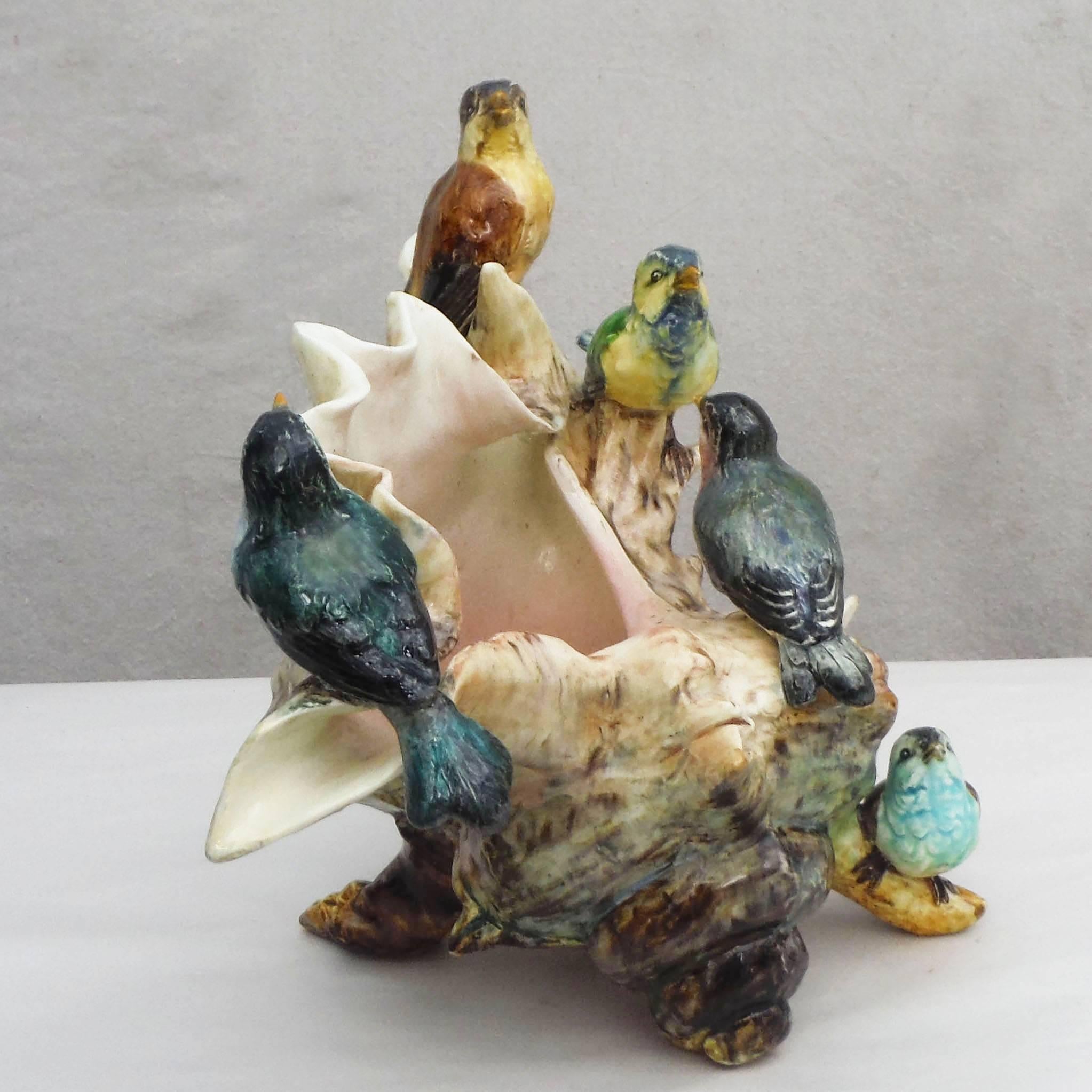 Aesthetic Movement 19th Century Majolica Shell with Birds Delphin Massier