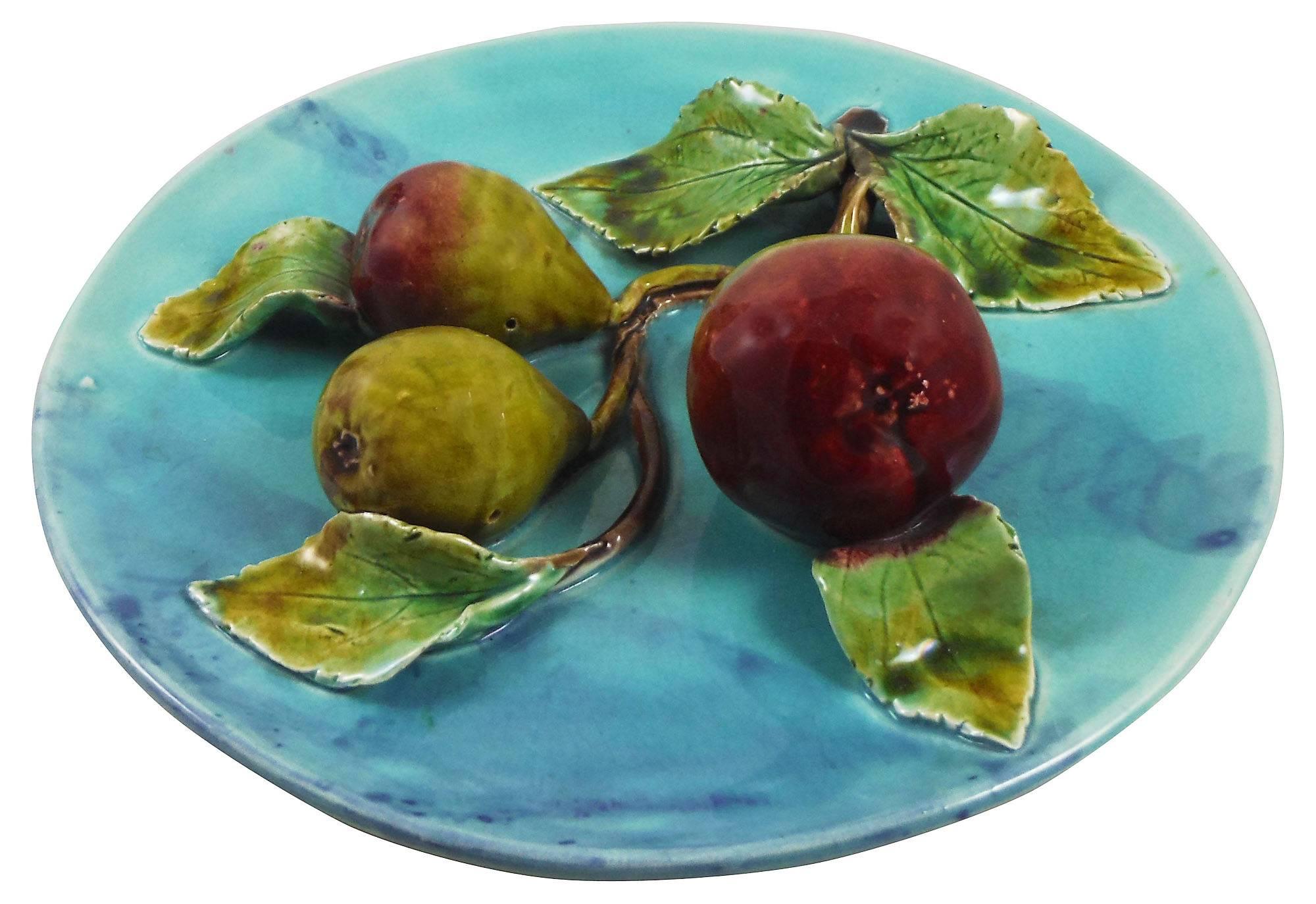 19th century colorful aqua turquoise Majolica pears wall platter attributed to Menton.
Usually Menton made more lemons and oranges on appliques and platters.