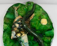 19. Jahrhundert Majolika Palissy Blatt Wand Fische Teller Alfred Renoleau