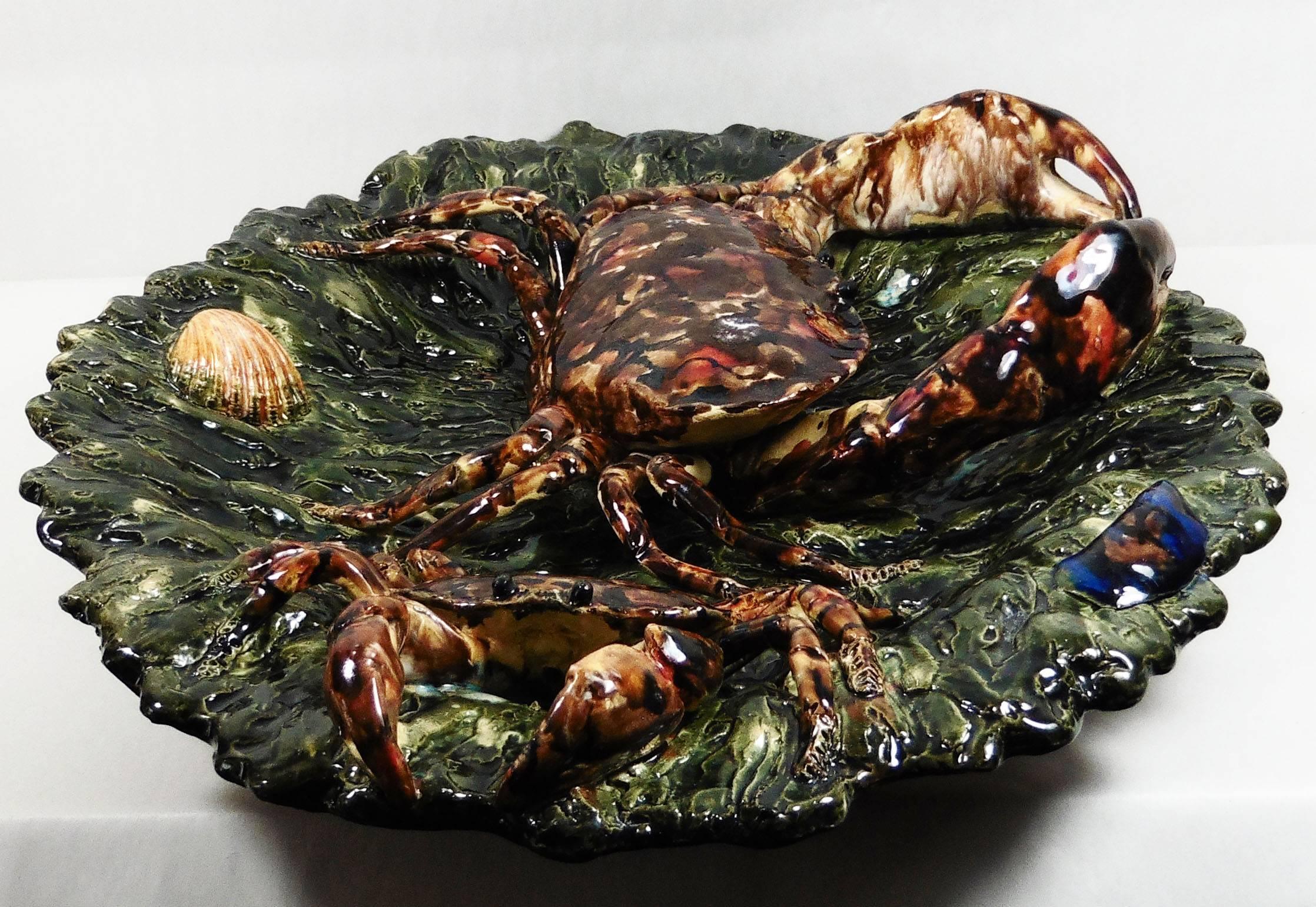 19th Century Majolica Palissy Crabs Wall Platter Alfred Renoleau In Good Condition For Sale In Austin, TX