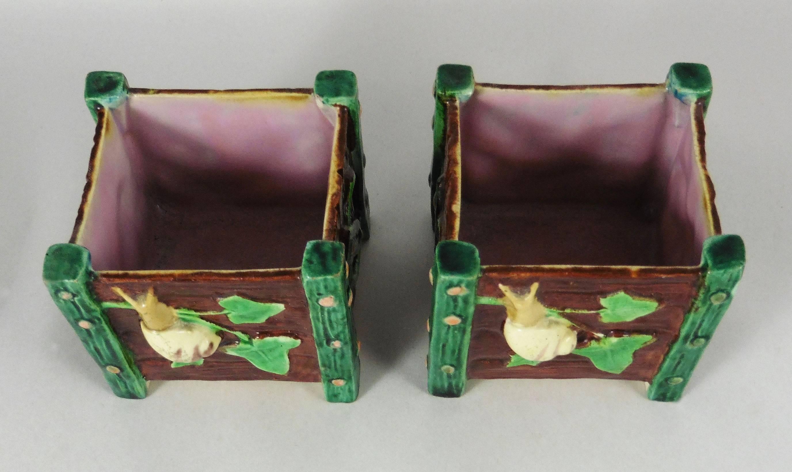Victorian 19th Century Majolica Pair of Jardinieres Butterflies and Snails Royal Worcester For Sale