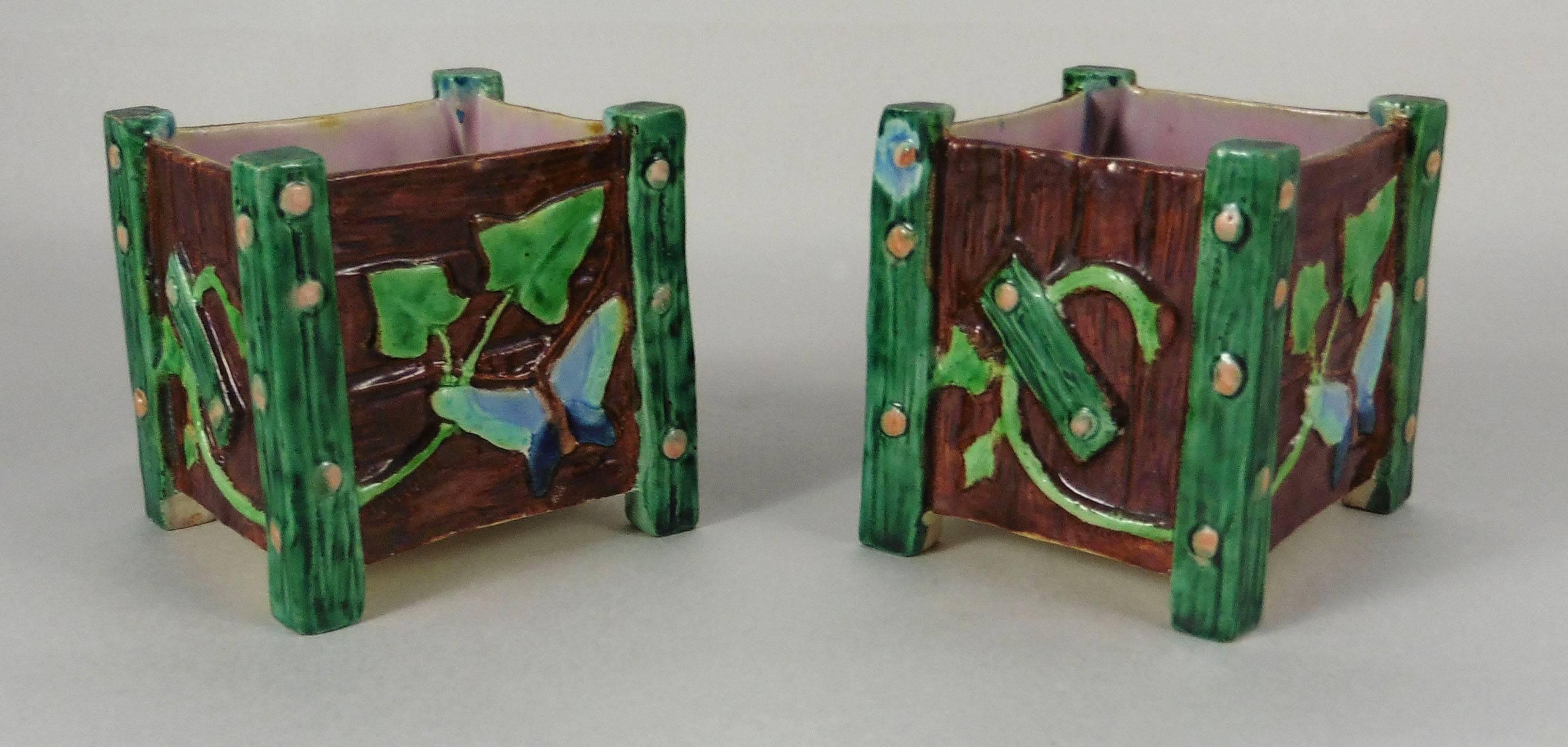 English 19th Century Majolica Pair of Jardinieres Butterflies and Snails Royal Worcester For Sale