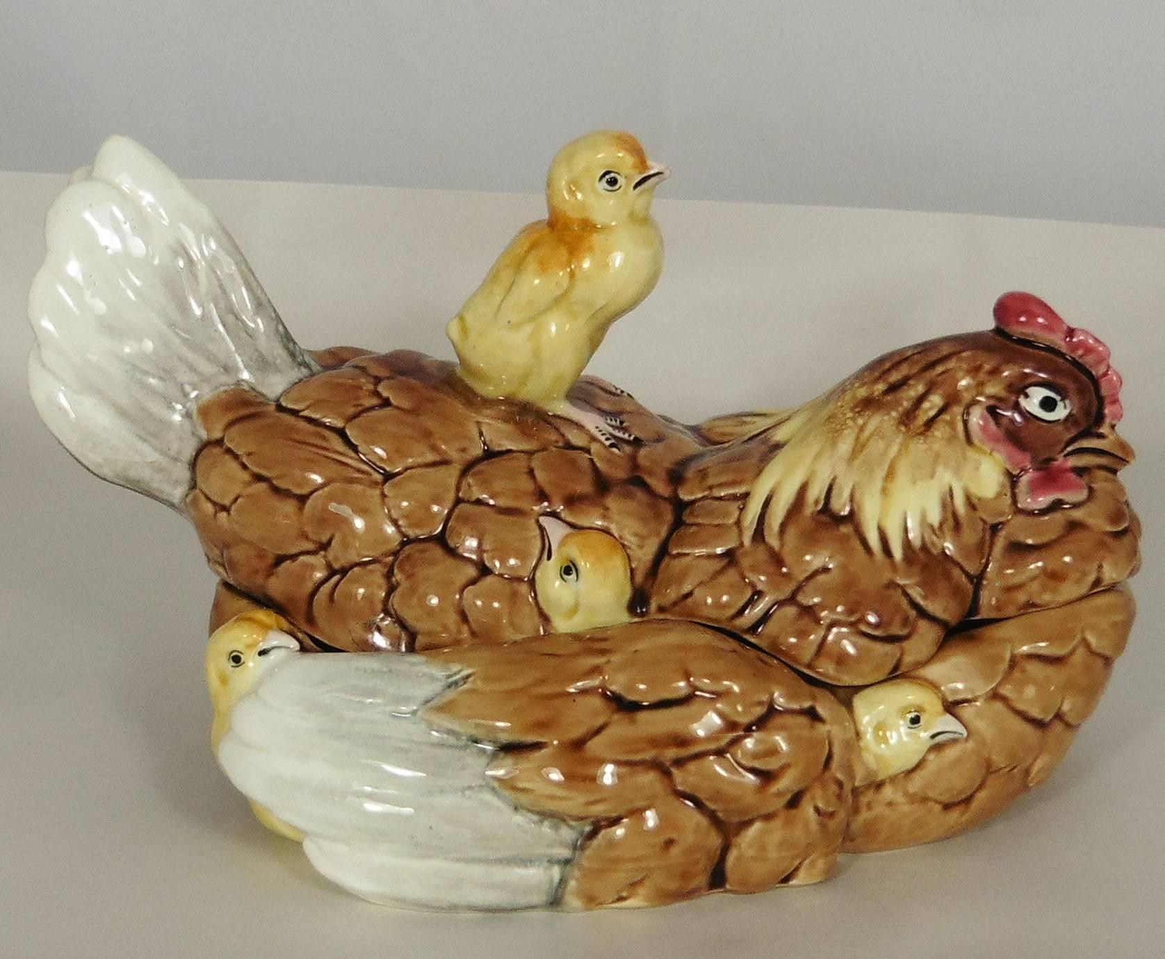 Country 19th Rare Majolica Hen & Chicks Tureen George Dreyfus