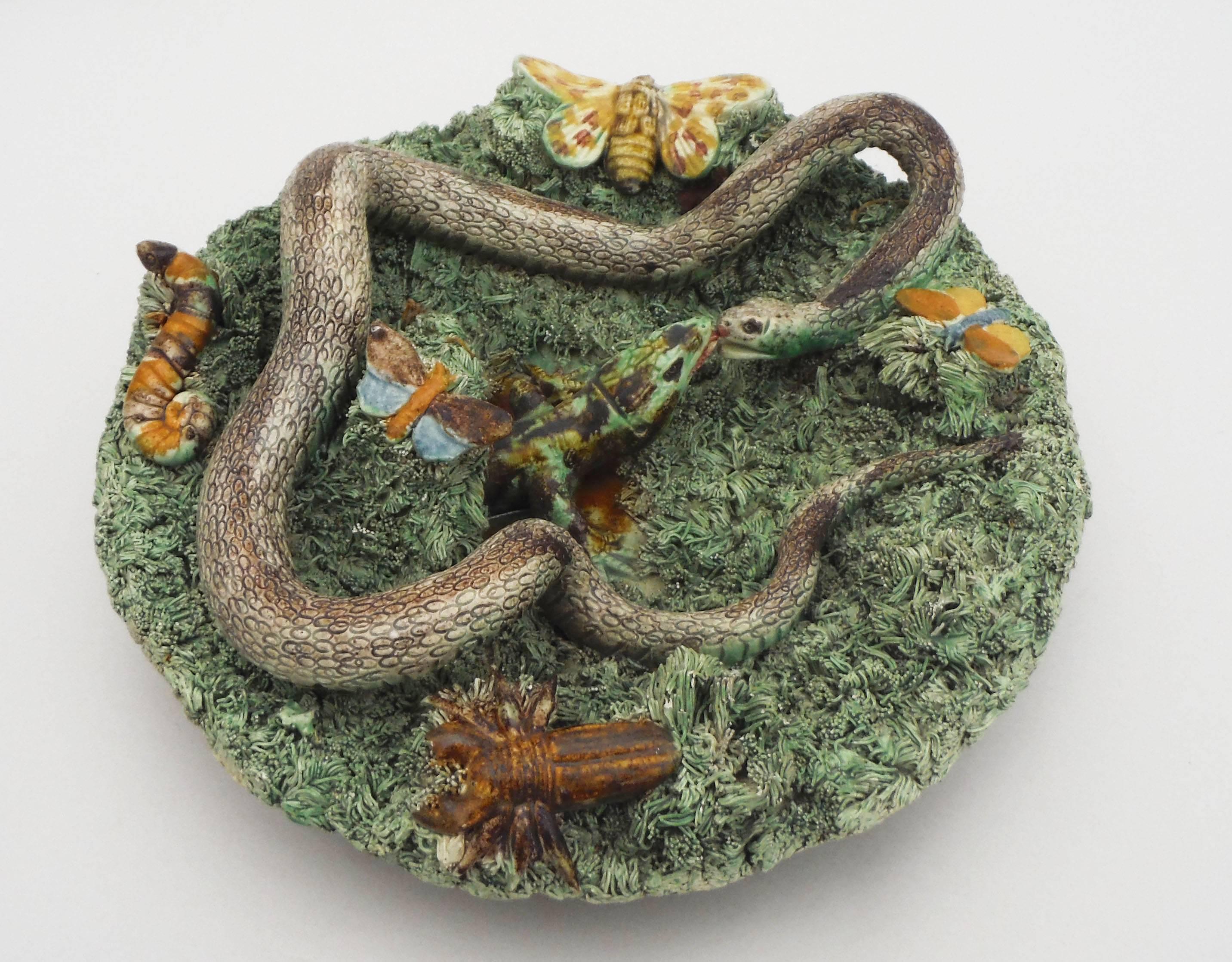Antique 19th century Portuguese Majolica Palissy style signed Jose Alves Cunha
(Caldas da Rainha), with snake, worm, caterpillar, butterfly and bug.