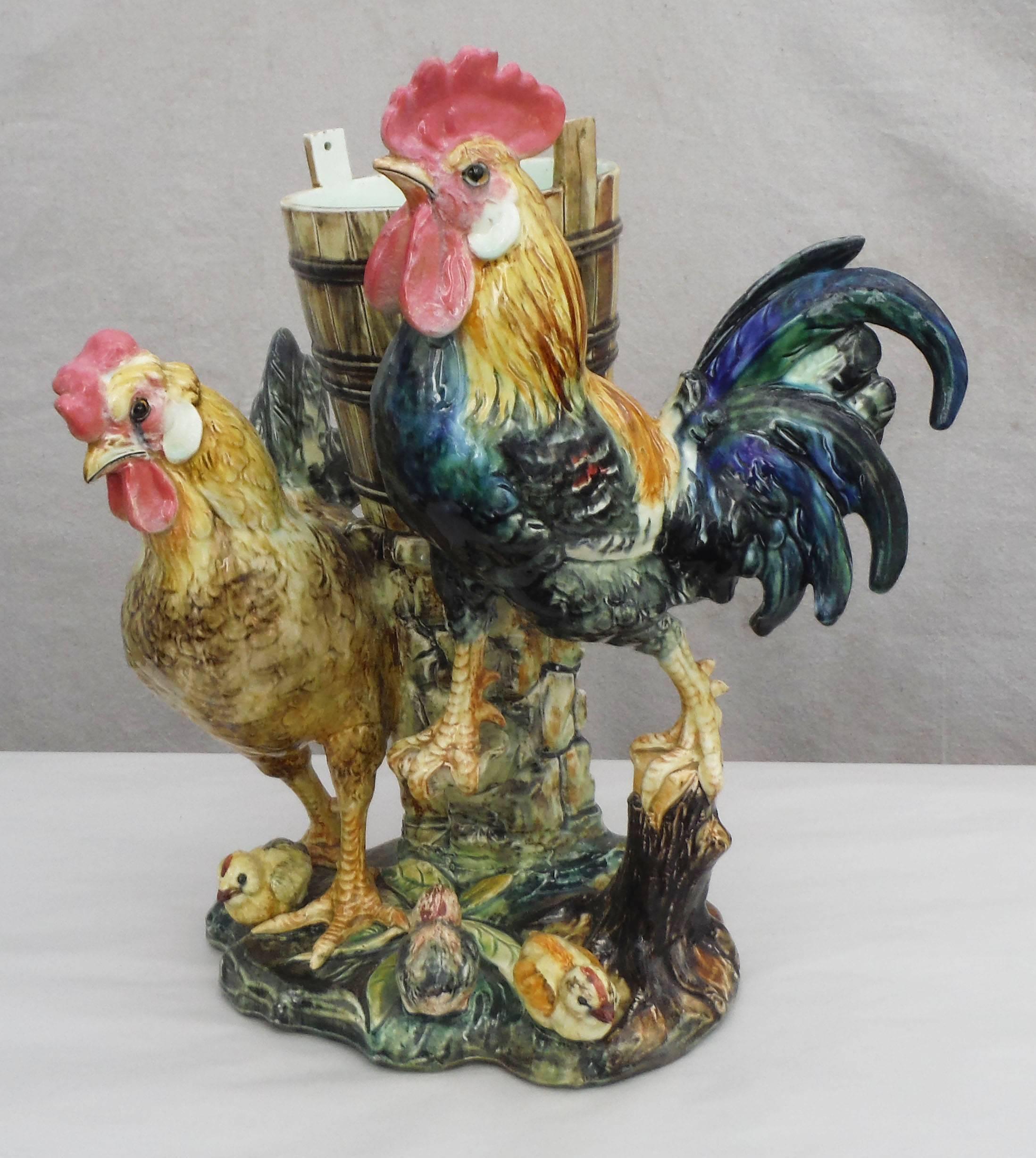 19th Majolica Rooster, Hen & Chicks Vase Massier  In Good Condition In Austin, TX