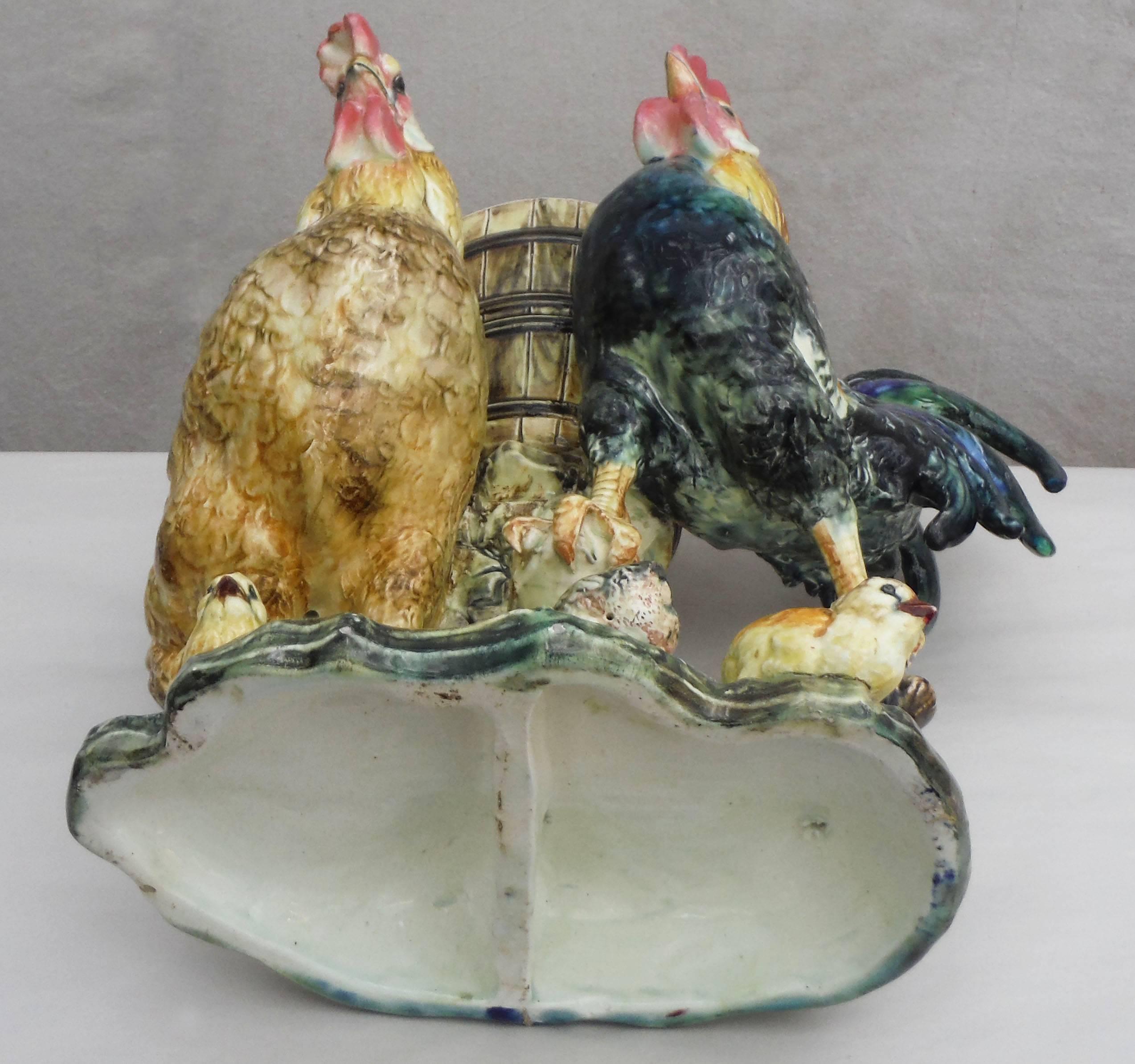 Late 19th Century 19th Majolica Rooster, Hen & Chicks Vase Massier 
