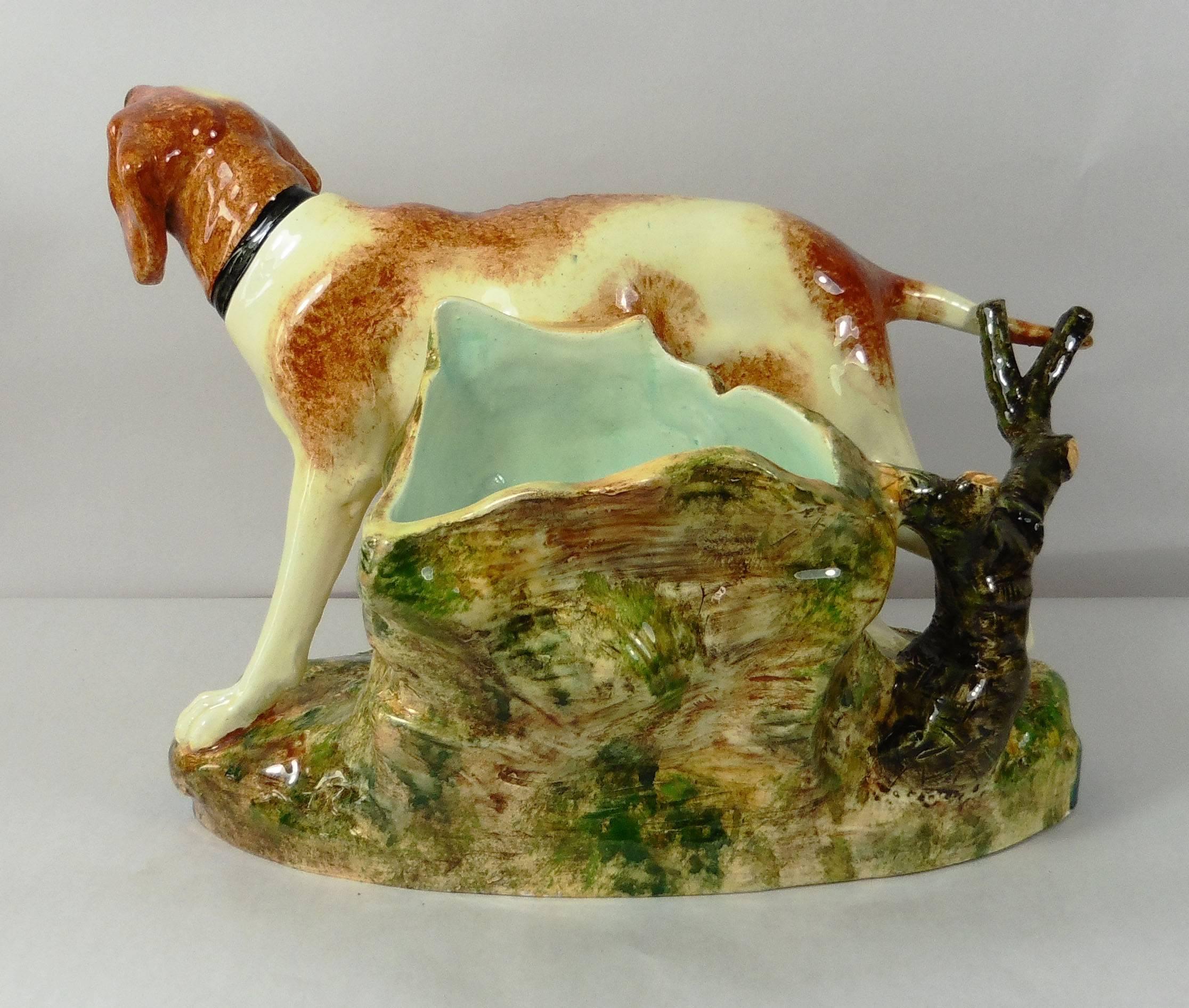 Large Majolica hunting dog jardinière signed Jerome Massier Fils.
Reference / page 110 