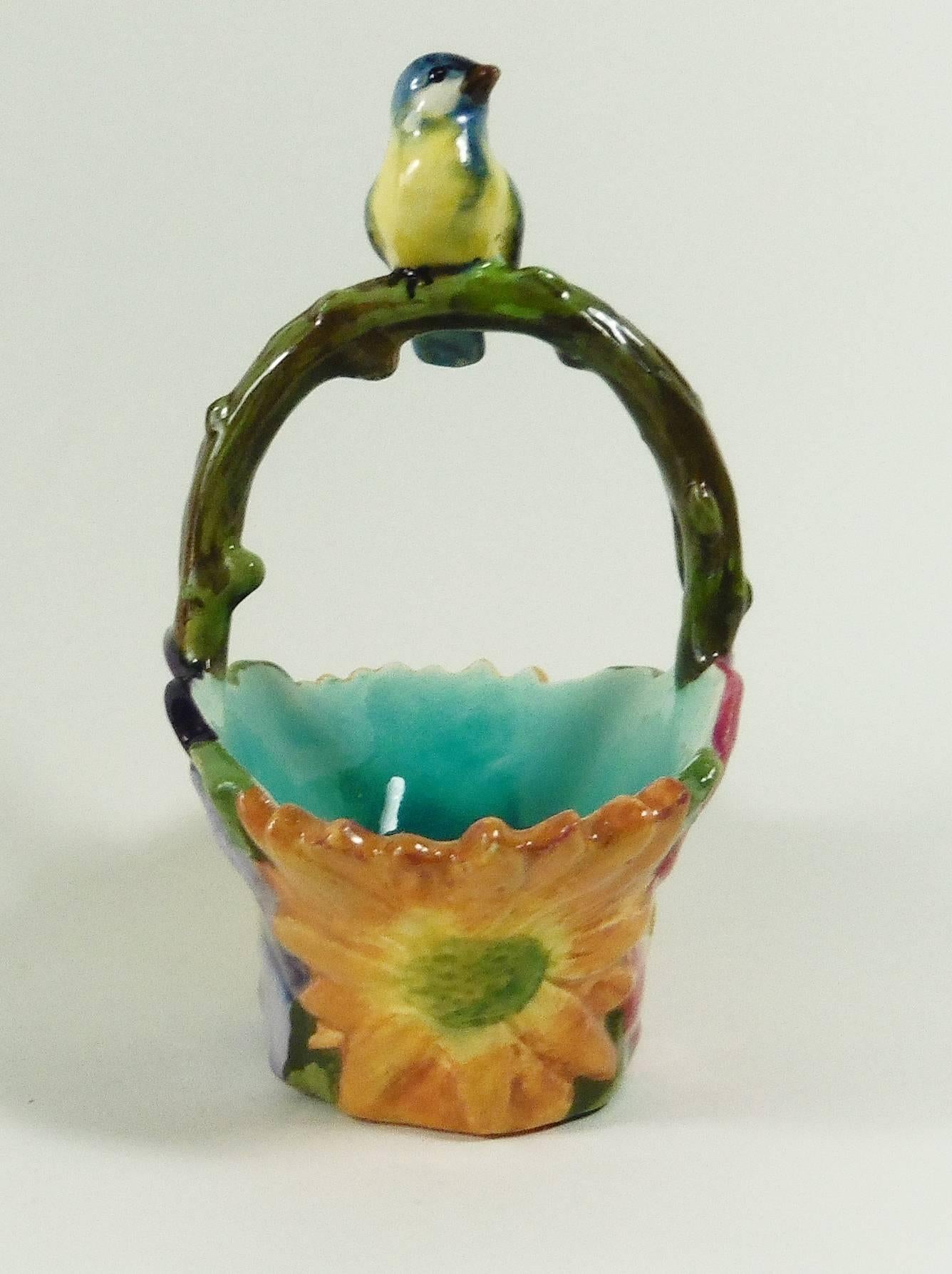 Aesthetic Movement Majolica Flowers Basket with Bird Jerome Massier Fils