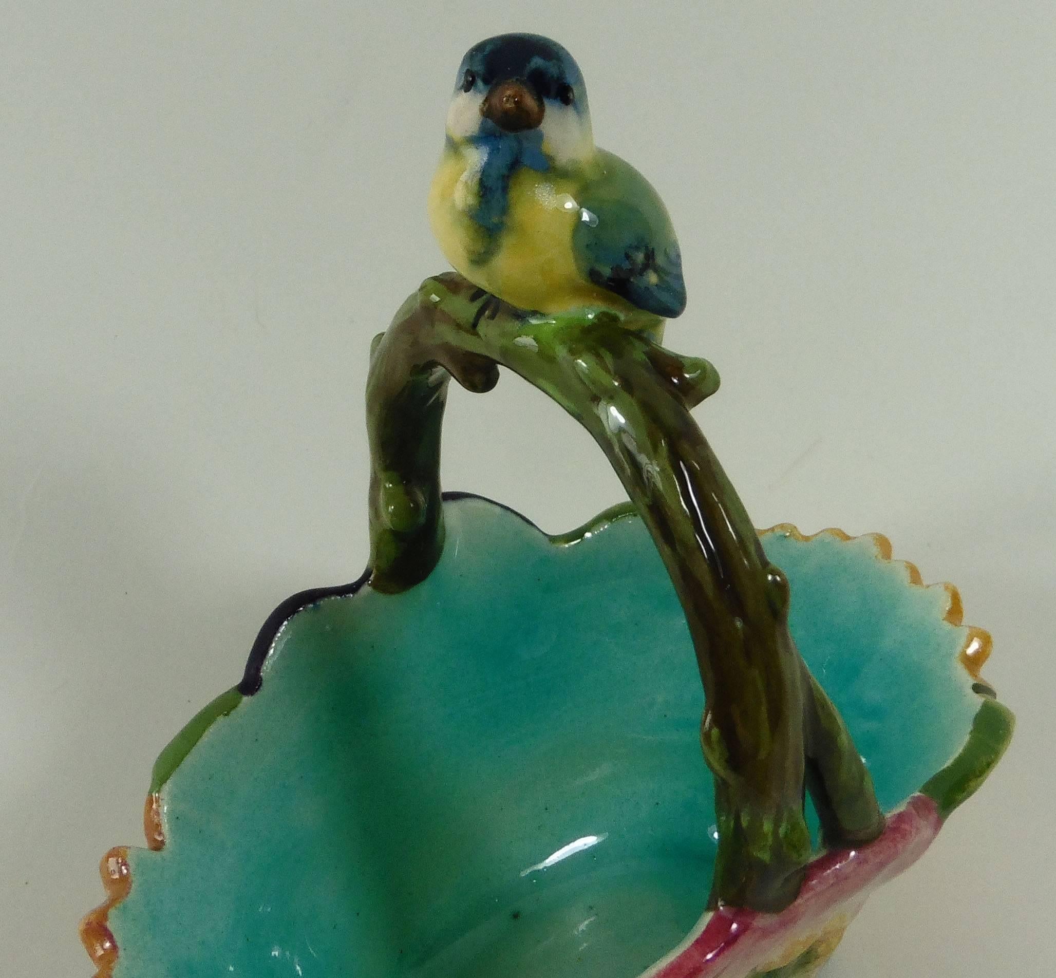 Majolica Flowers Basket with Bird Jerome Massier Fils In Good Condition In Austin, TX