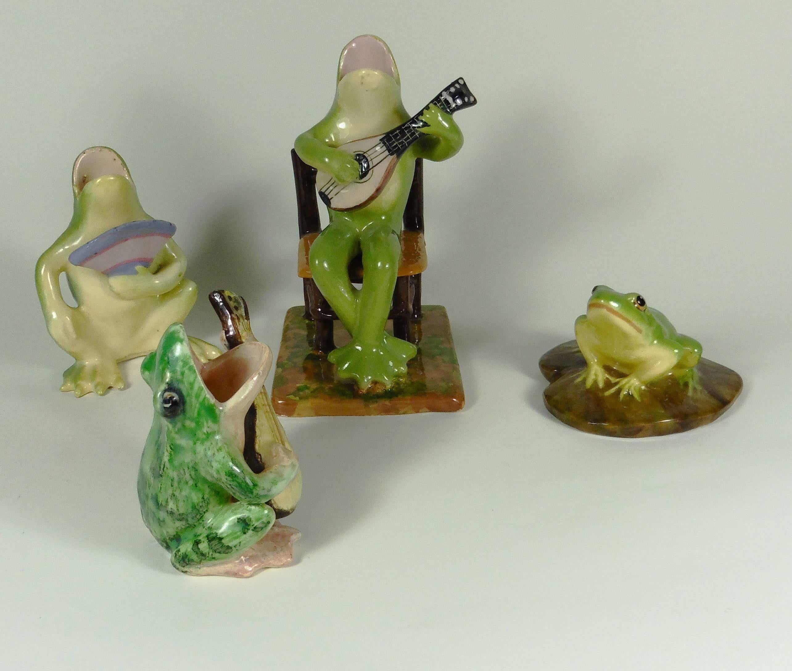 Early 20th Century Majolica Frog with Mandolin Massier, circa 1900 For Sale