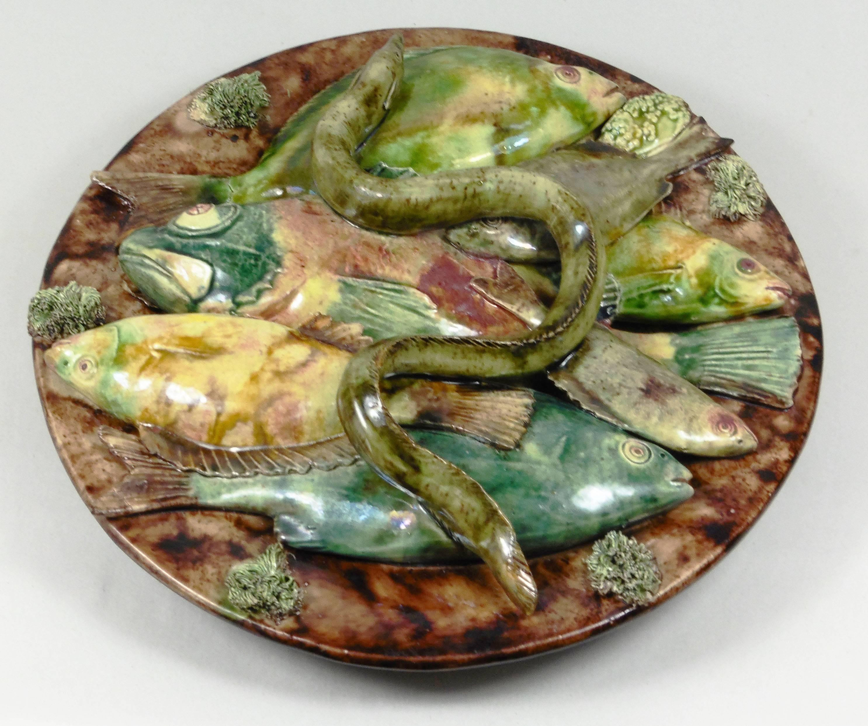 19th century Palissy Portuguese wall platter signed Jose Alves Cunha ( Caldas da Rainha )
The platter have seven differents fishes and one eel on the top.